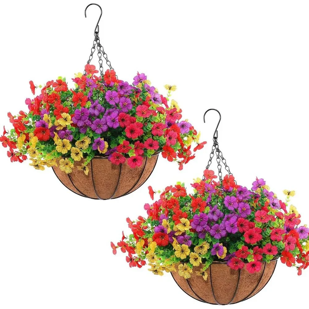 Red Purple Yellow 24-Pcs Outdoor Garden Artificial Hanging Flowers Basket Decor